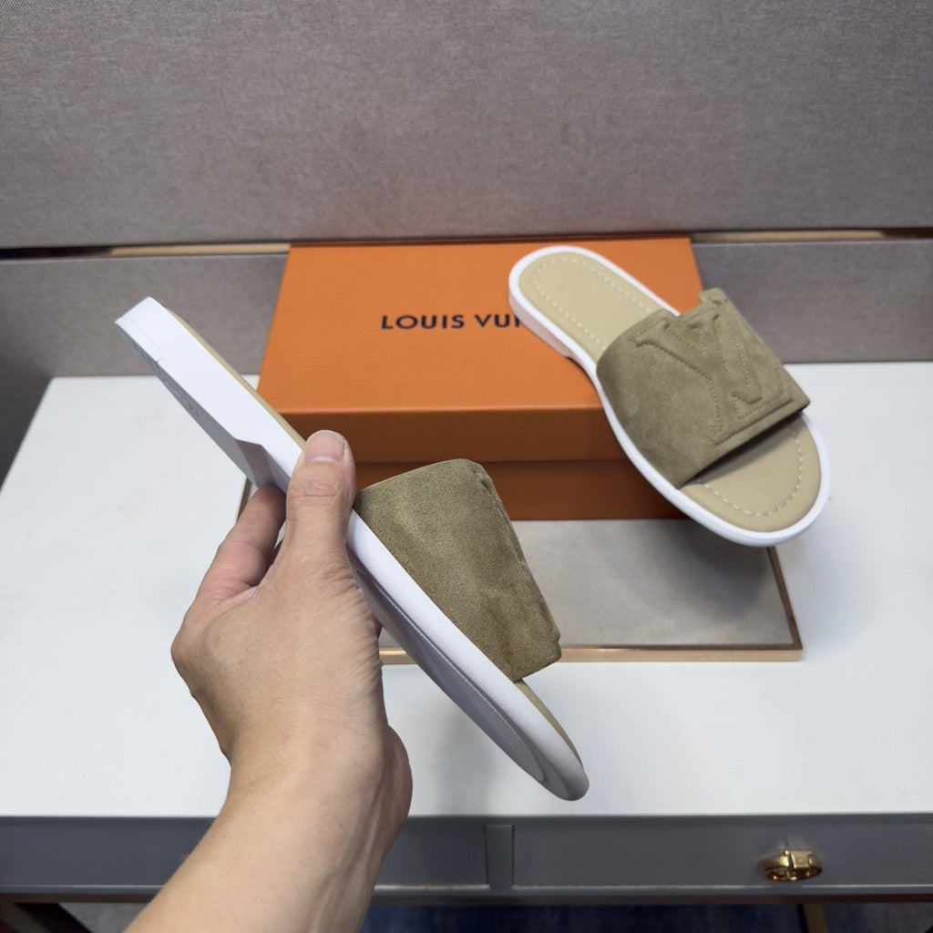 Louis Vuitton Khaki Monogram Slide Sandals — back