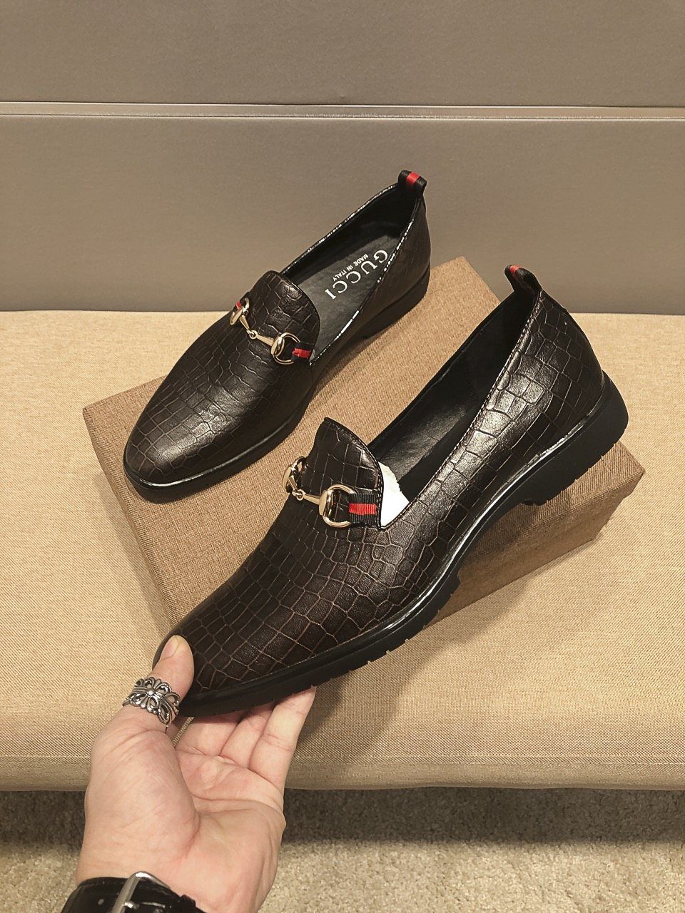 Gucci Black Embossed Horsebit Loafers — front