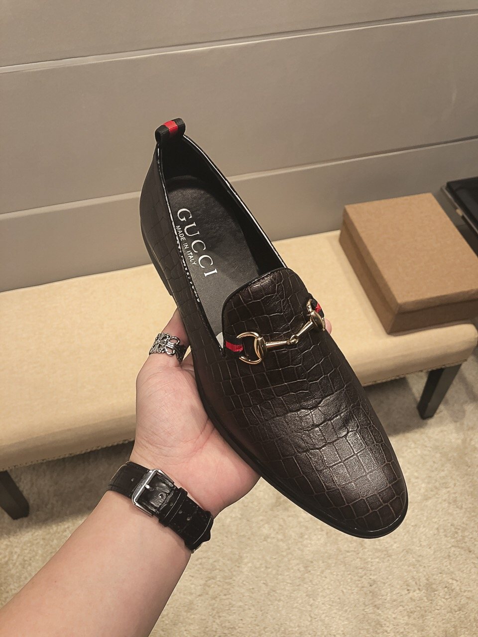 Gucci Black Embossed Horsebit Loafers — front