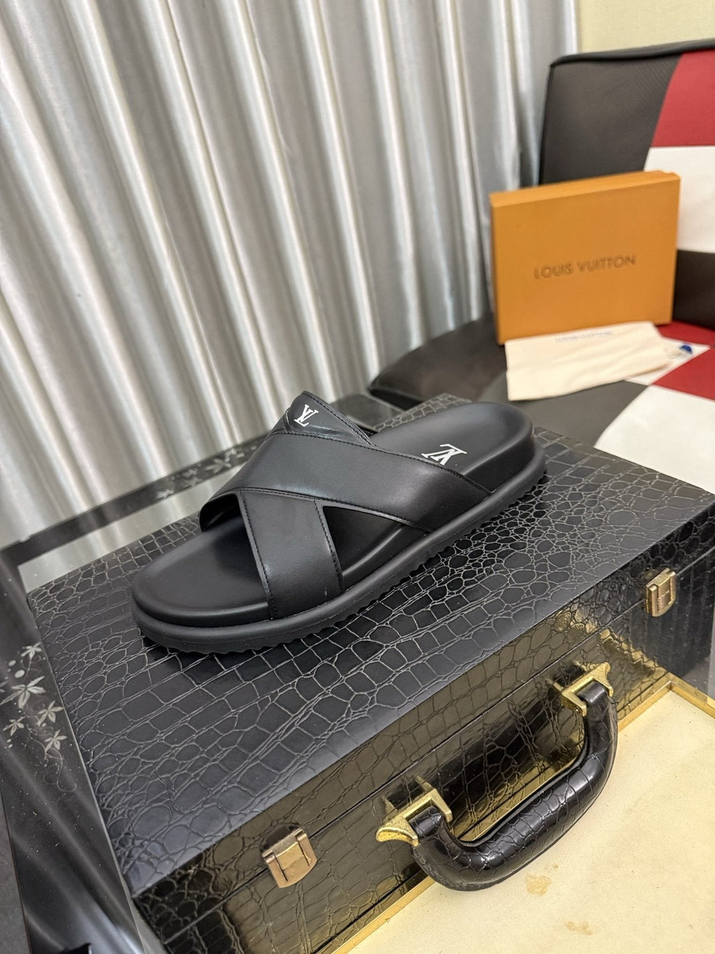 Louis Vuitton Black Crossover Slide Sandals — front