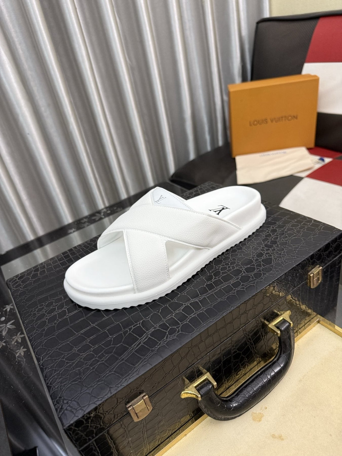 Louis Vuitton Black Crossover Slide Sandals — front