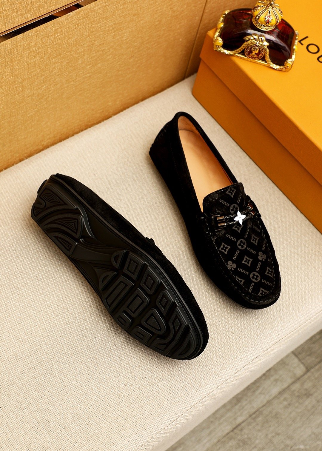 Louis Vuitton Embossed Metal-Detail Loafers — front