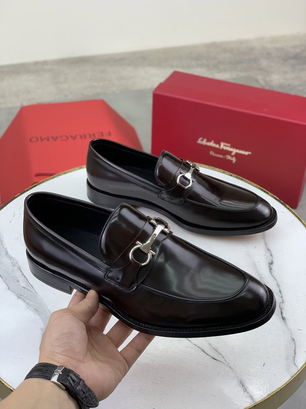 Salvatore Ferragamo Leather Horsebit Loafers — model