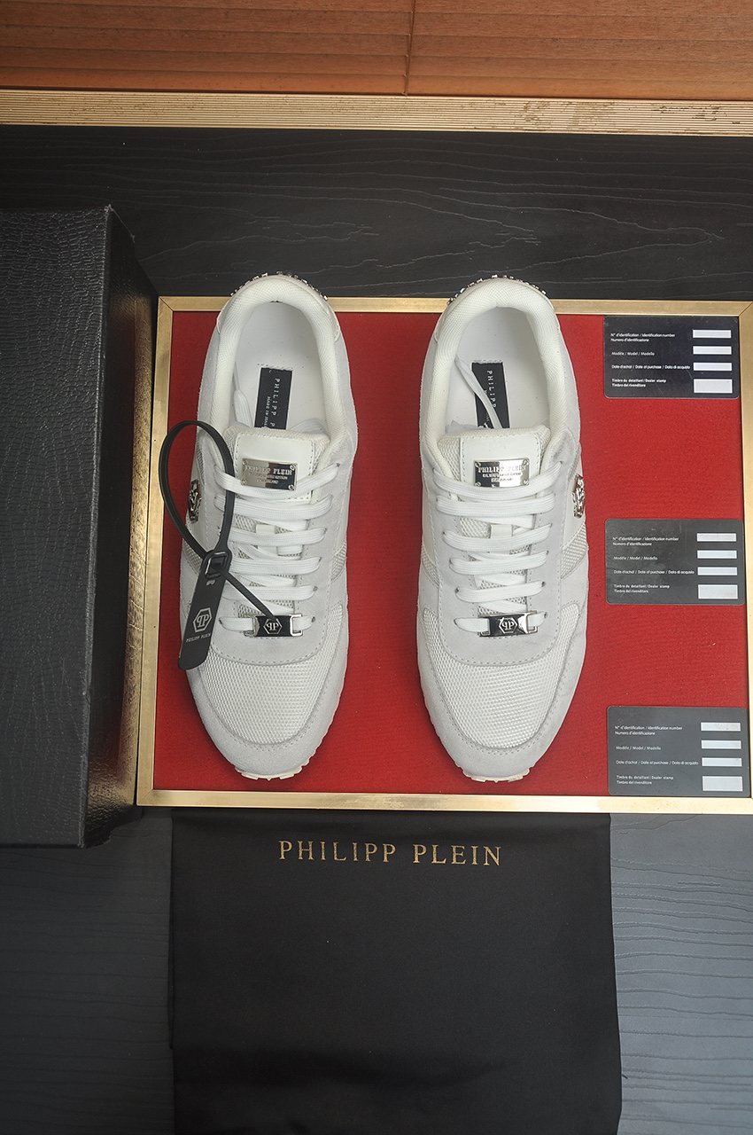 Philipp Plein White and Light-Gray Low-Top Sneakers — front