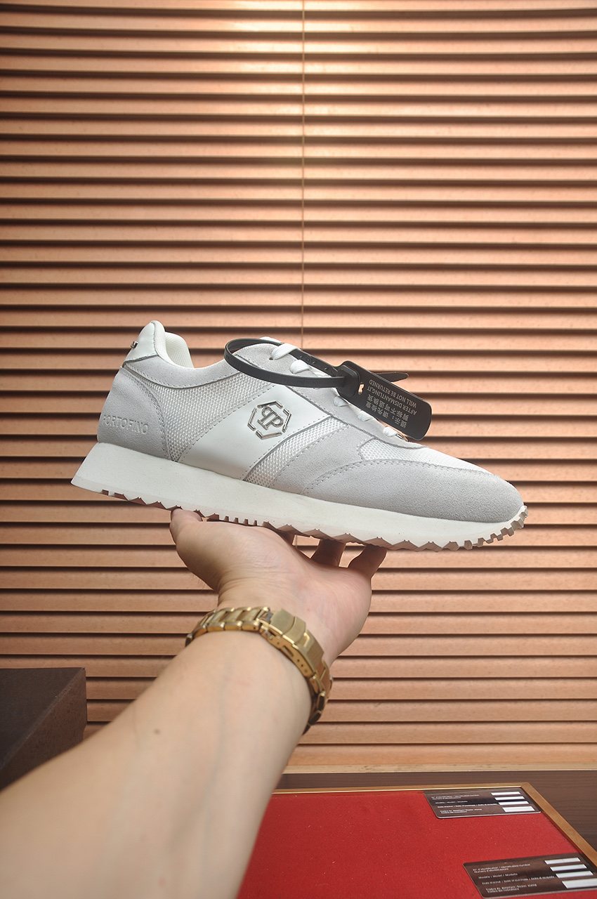 Philipp Plein White and Light-Gray Low-Top Sneakers — front