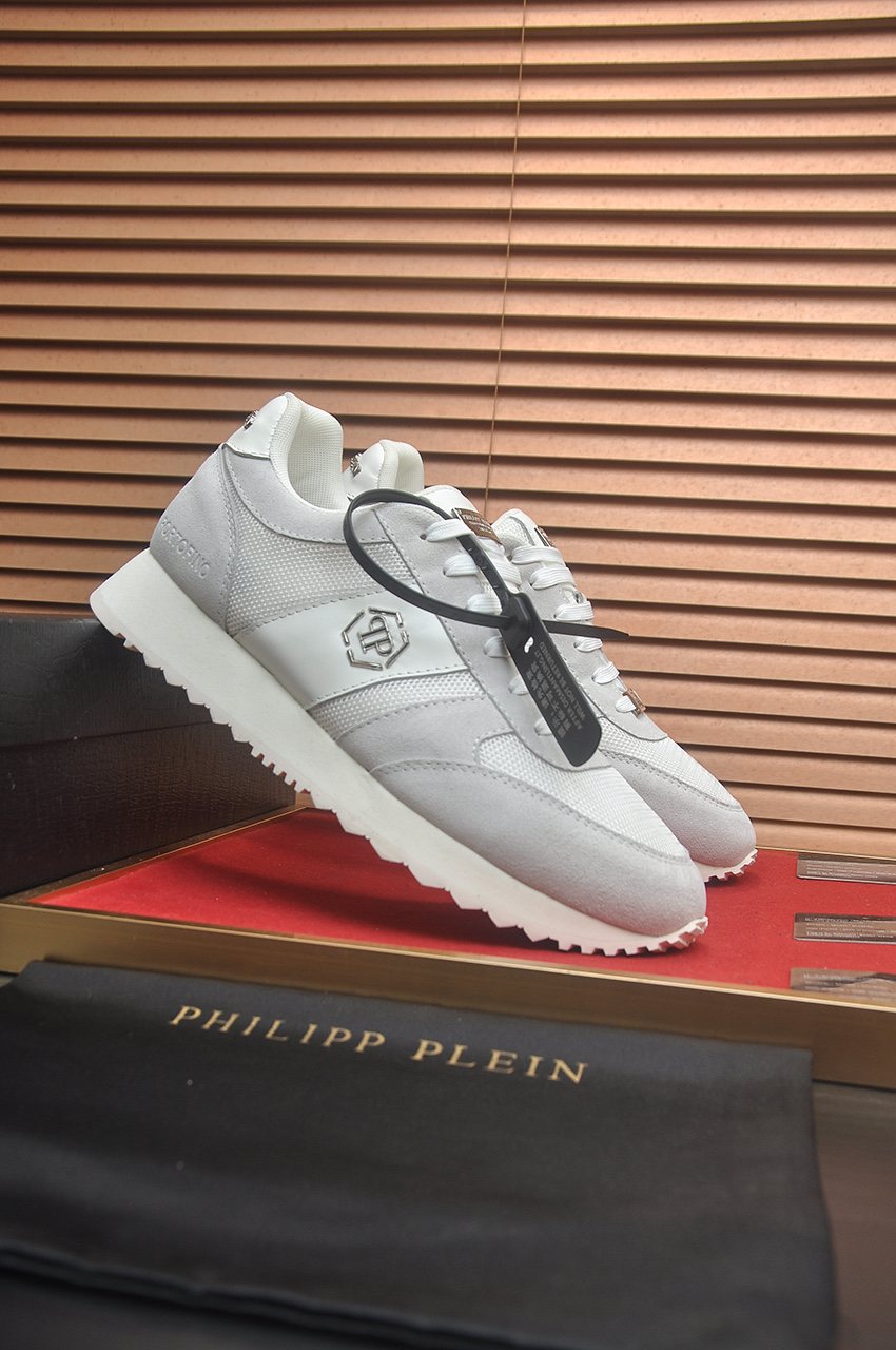 Philipp Plein White and Light-Gray Low-Top Sneakers — front