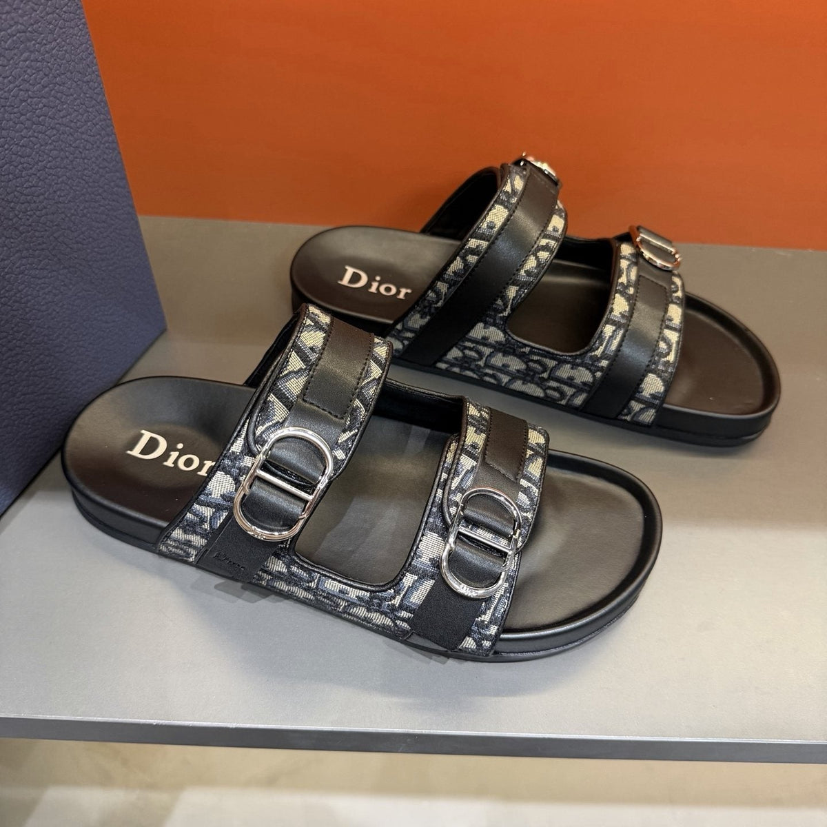 Dior Patterned Buckle Slide Sandals — front