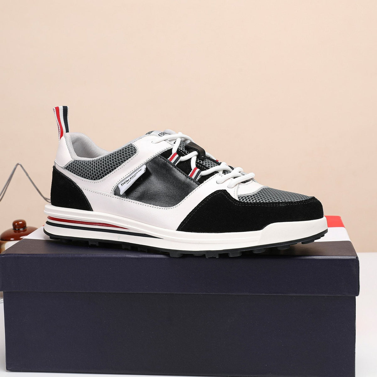 Thom Browne White Navy Panel Low-Top Sneakers — side