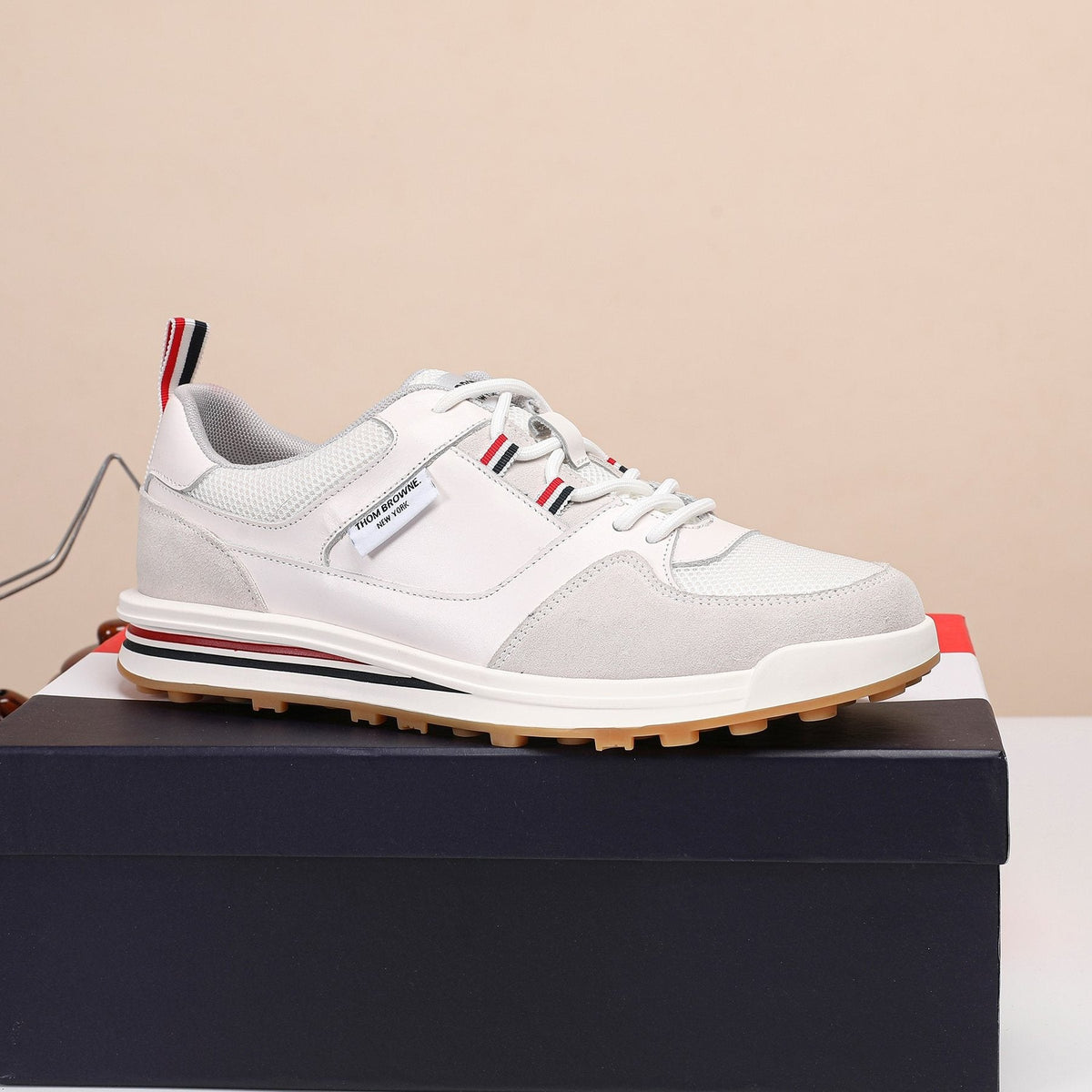 Thom Browne White Navy Panel Low-Top Sneakers — side