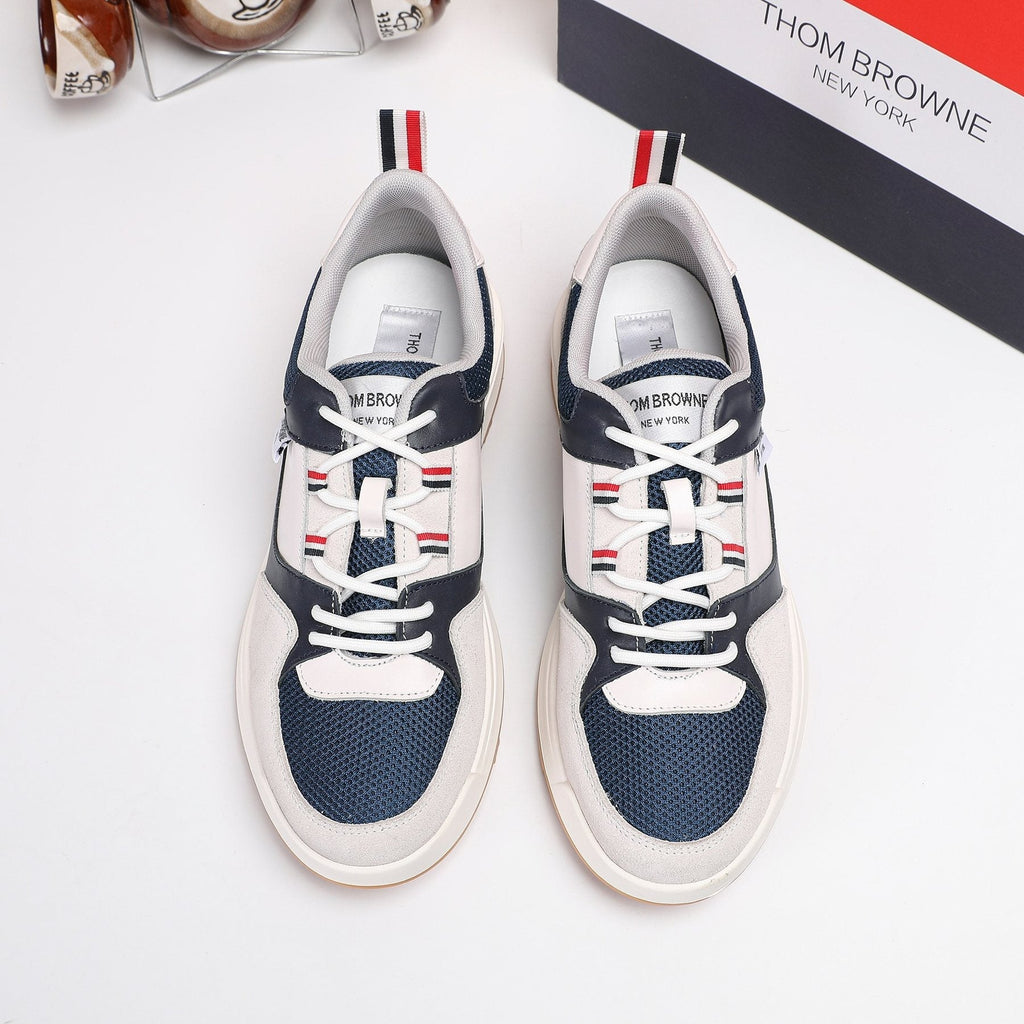 Thom Browne White Navy Panel Low-Top Sneakers — front