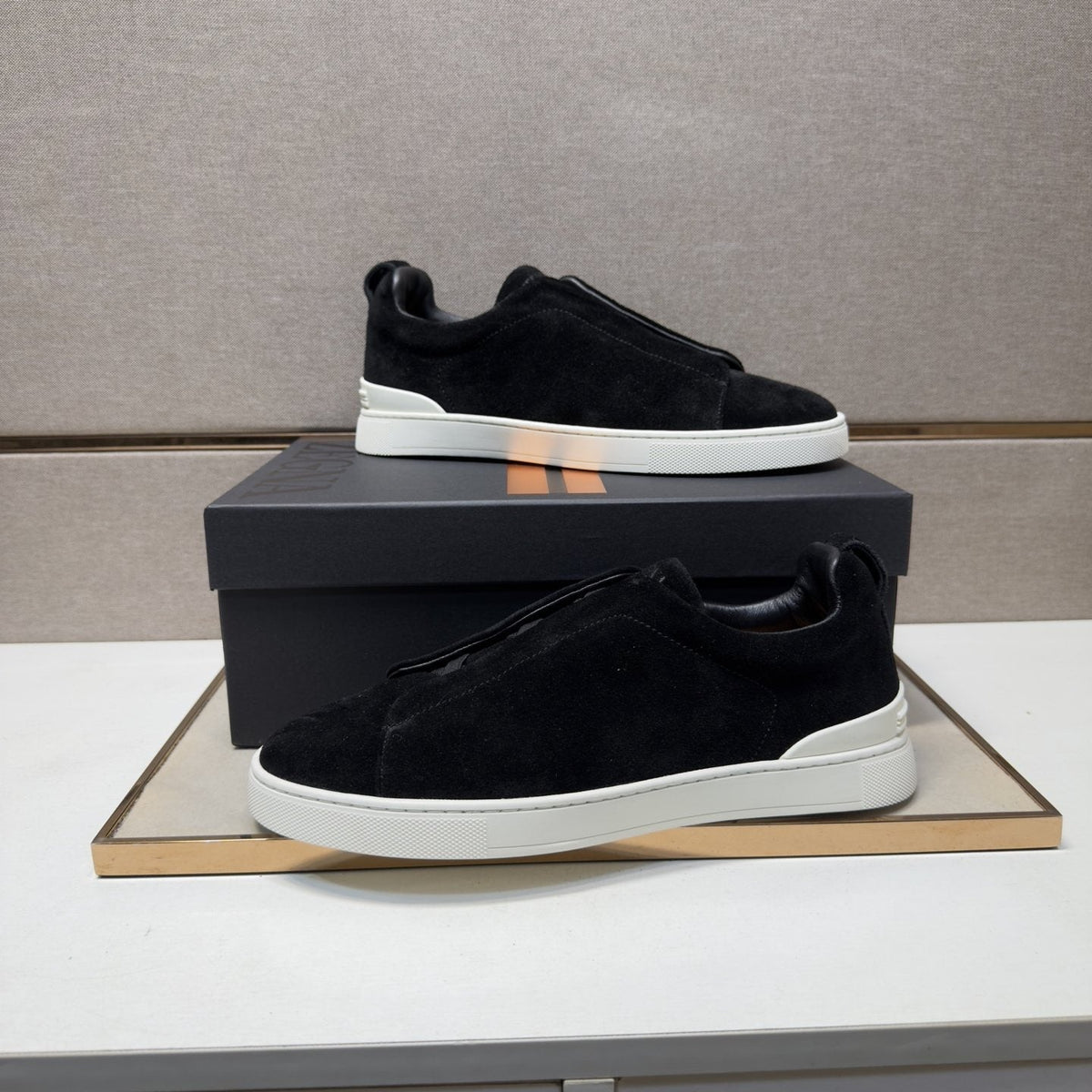 Zegna Black Textured Slip-On Sneakers — hero