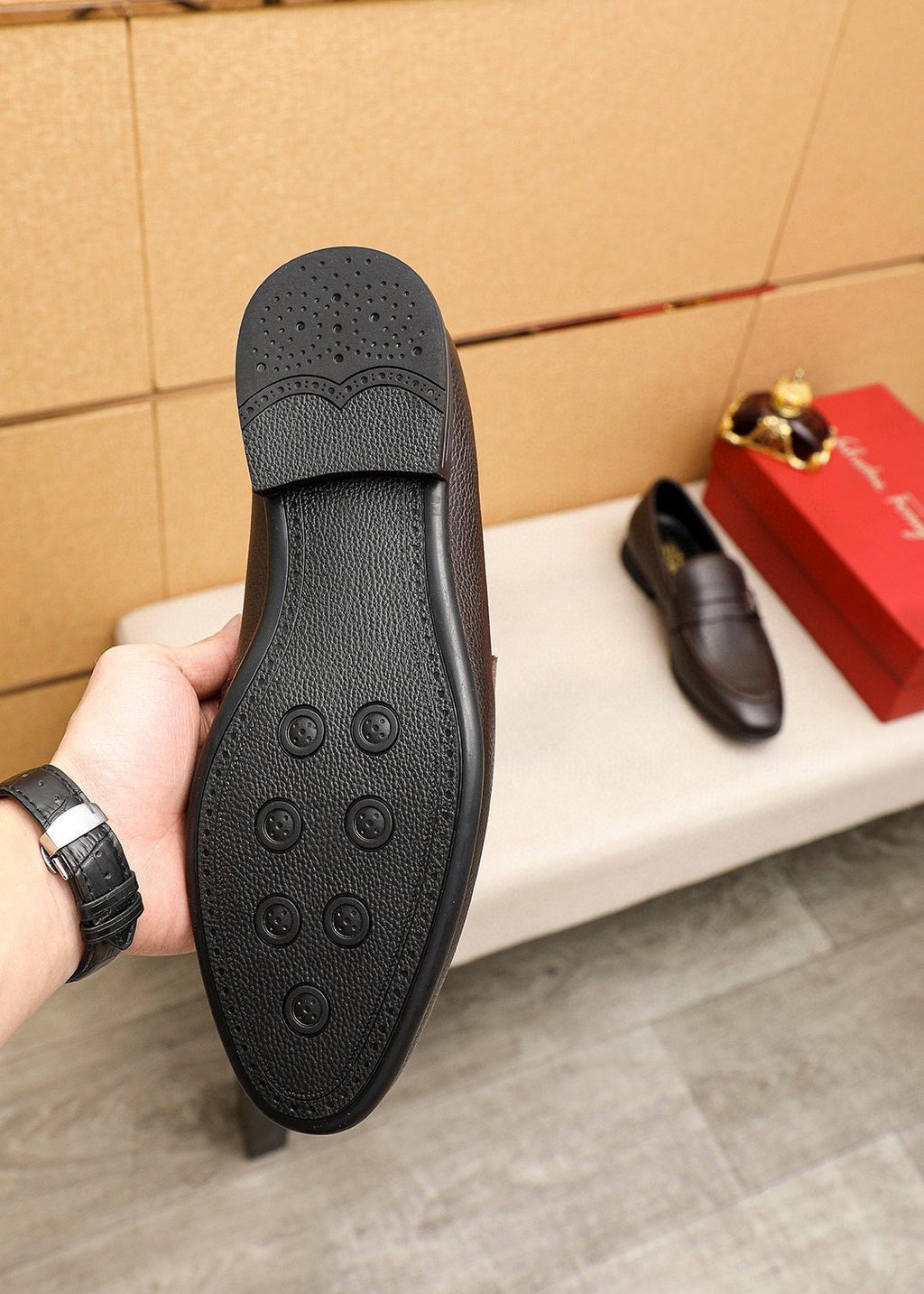 Ferragamo Textured Metal-Strap Loafers — detail