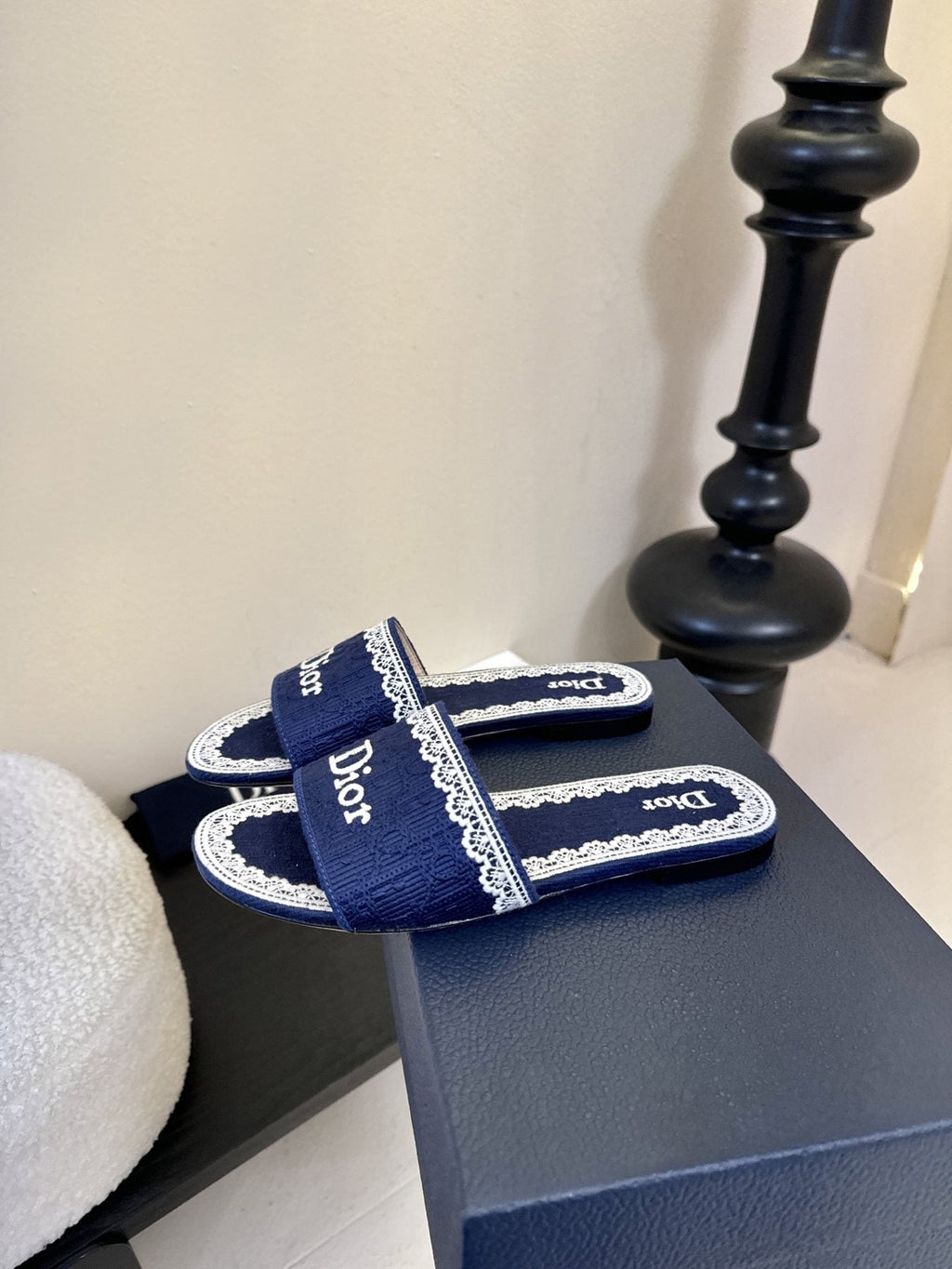 Dior Embroidered Trim Slide Sandals — side