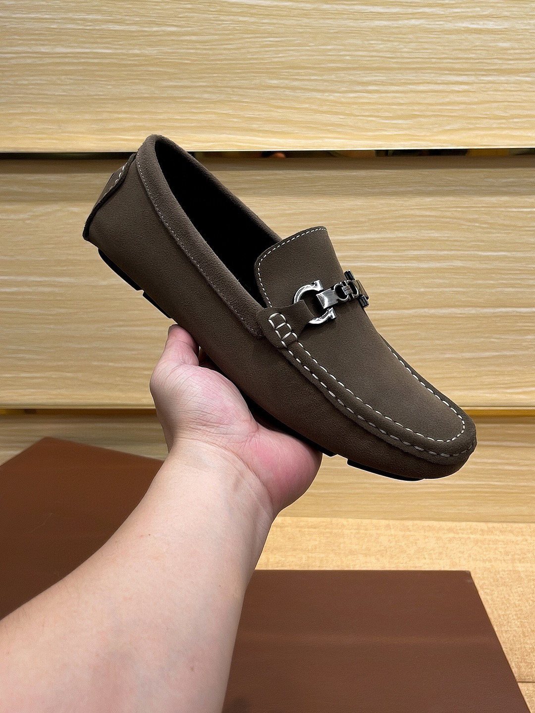 Ferragamo Taupe Bit Loafers — model