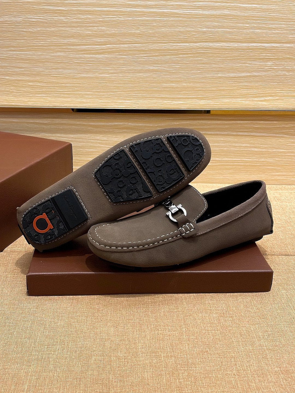 Ferragamo Taupe Bit Loafers — side
