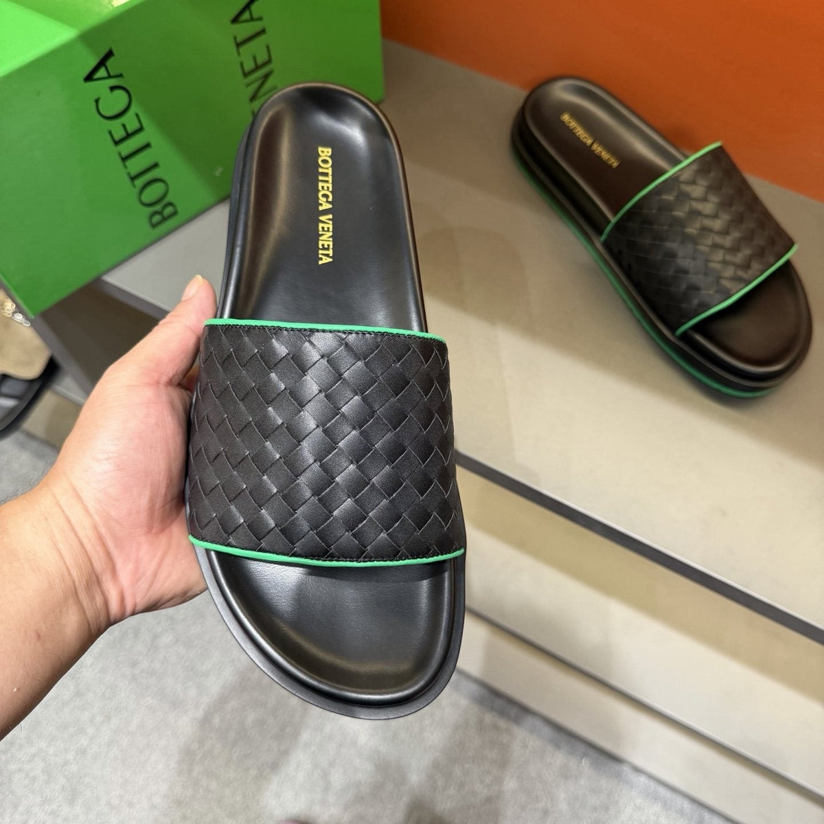 Bottega Veneta Woven Strap Slide Sandals — model