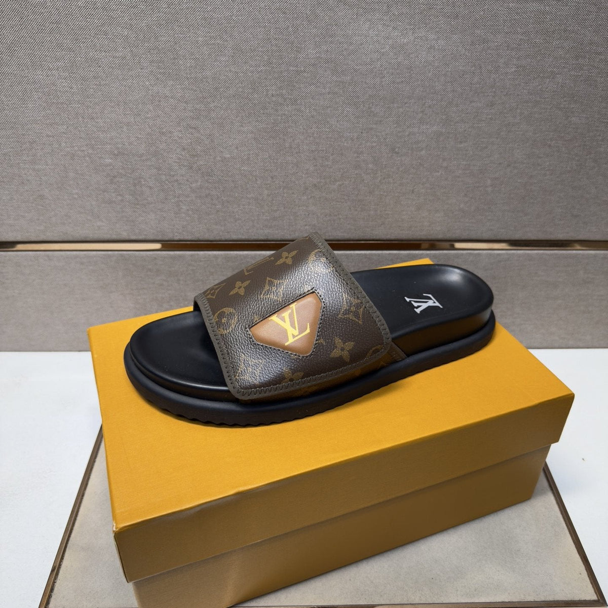 Louis Vuitton Monogram Emblem Slide Sandals — front