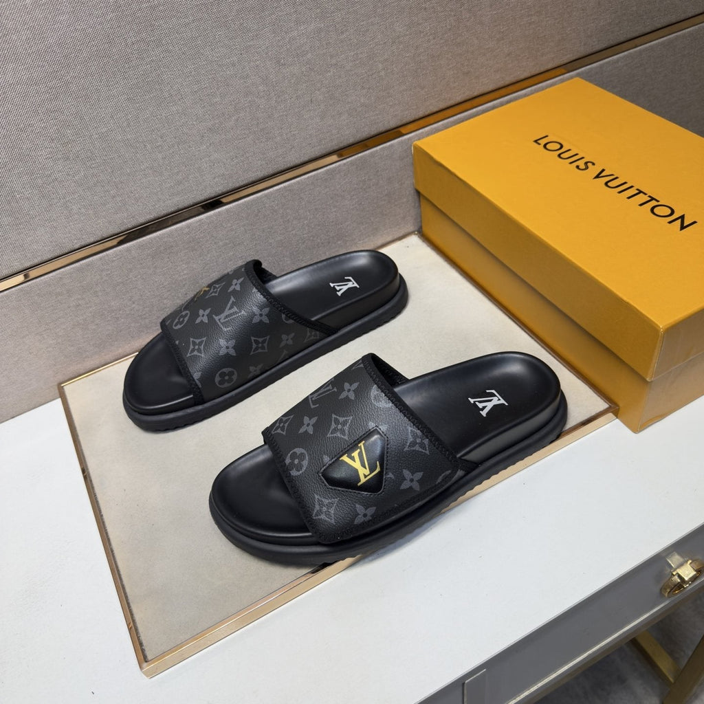 Louis Vuitton Monogram Emblem Slide Sandals — front