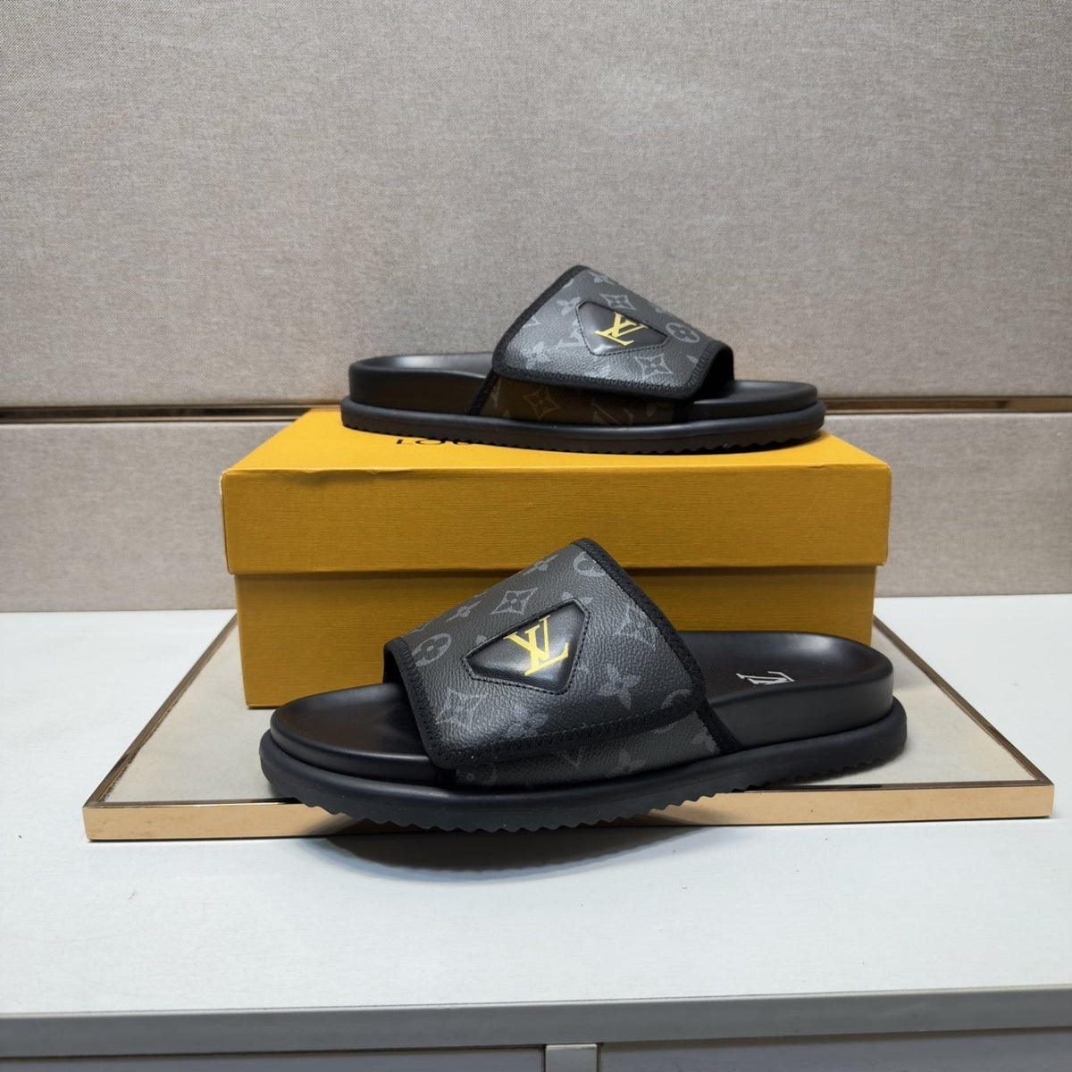 Louis Vuitton Monogram Emblem Slide Sandals — side