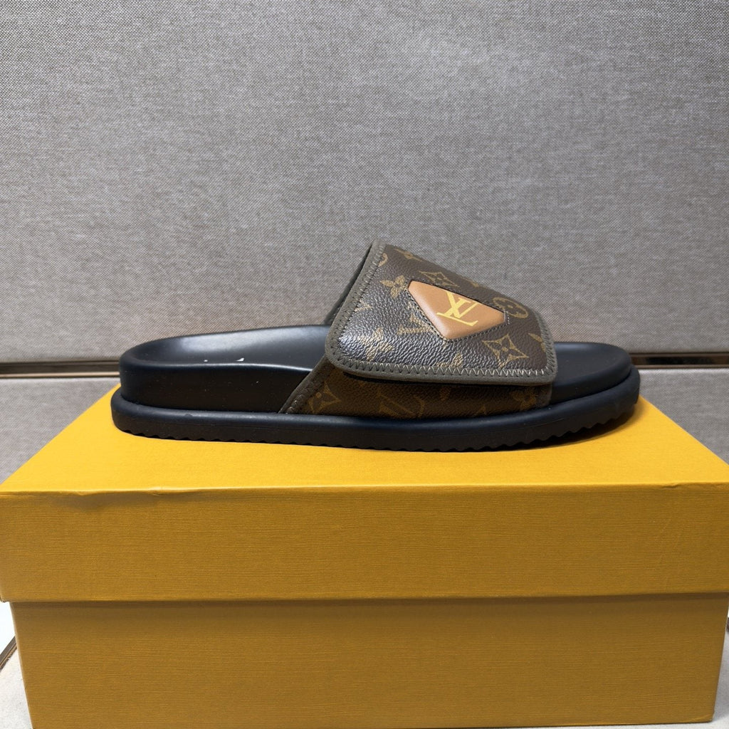 Louis Vuitton Monogram Emblem Slide Sandals — front