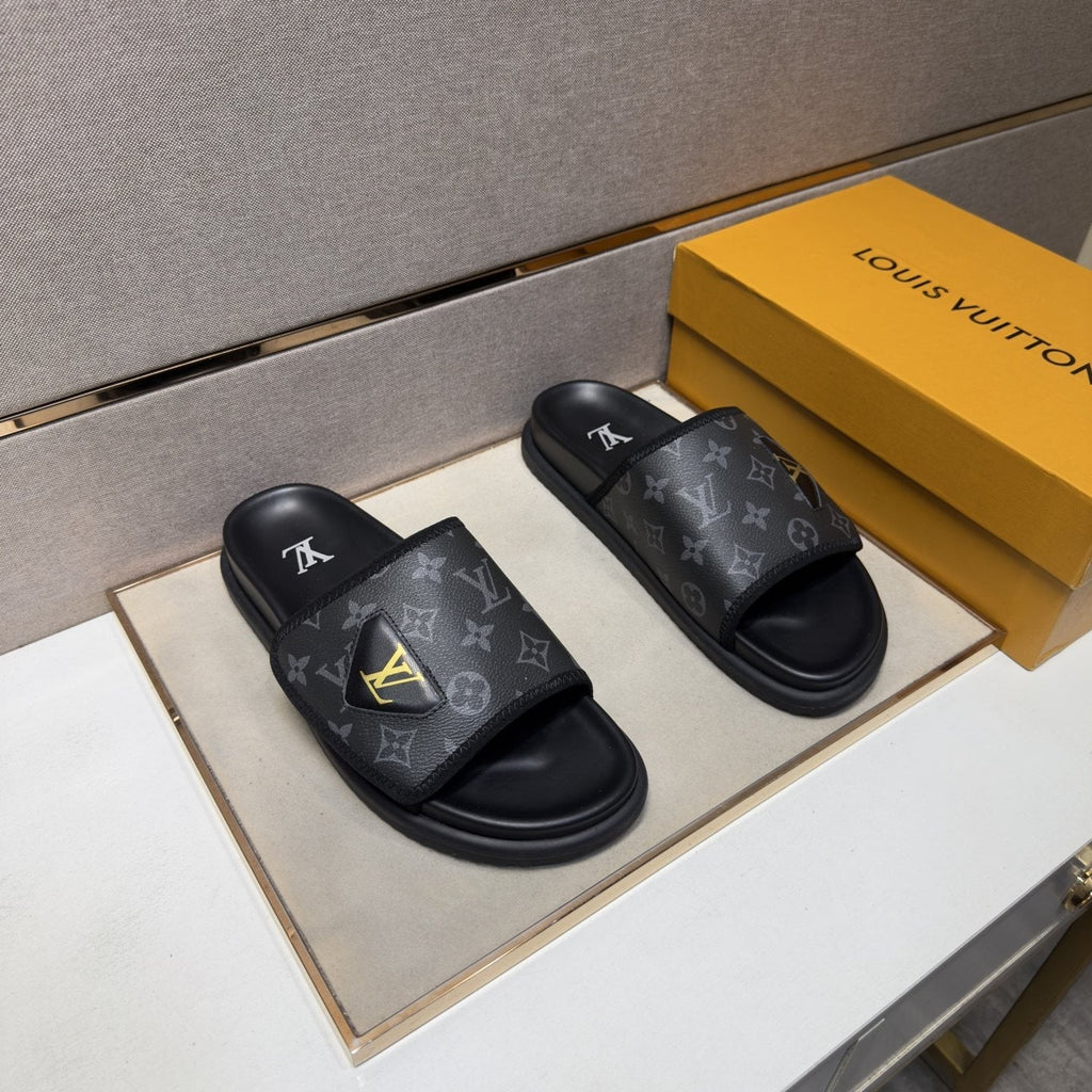Louis Vuitton Monogram Emblem Slide Sandals — hero