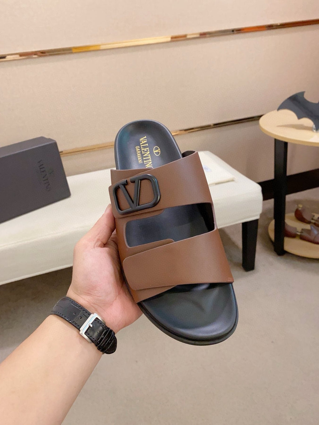 Valentino Two-Strap Buckle Slide Sandals — side