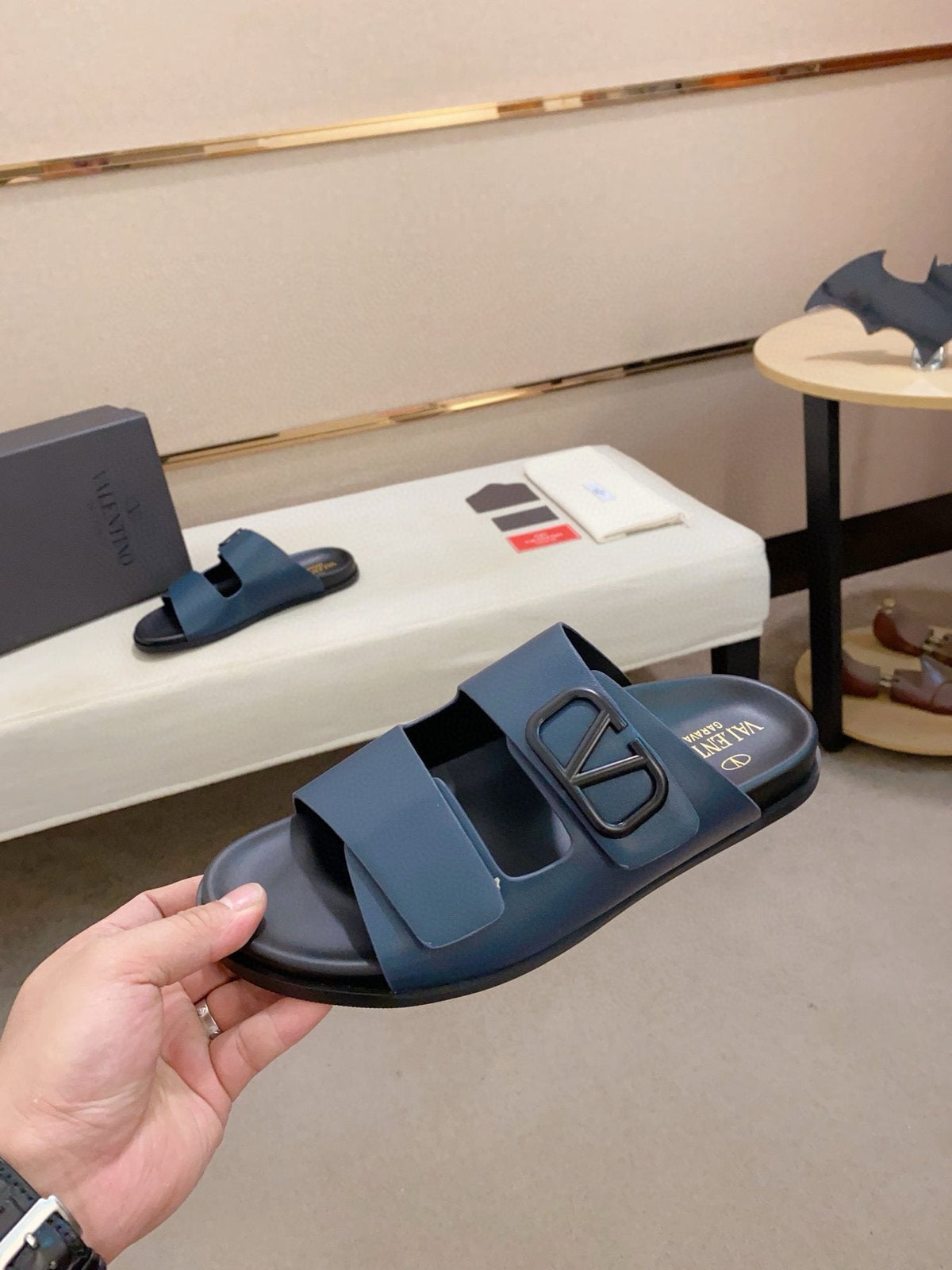 Valentino Two-Strap Buckle Slide Sandals — side
