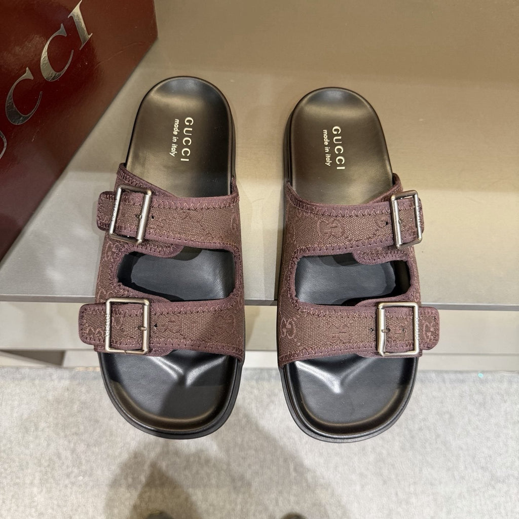 Gucci Double-Buckle Monogram Slide Sandals — hero