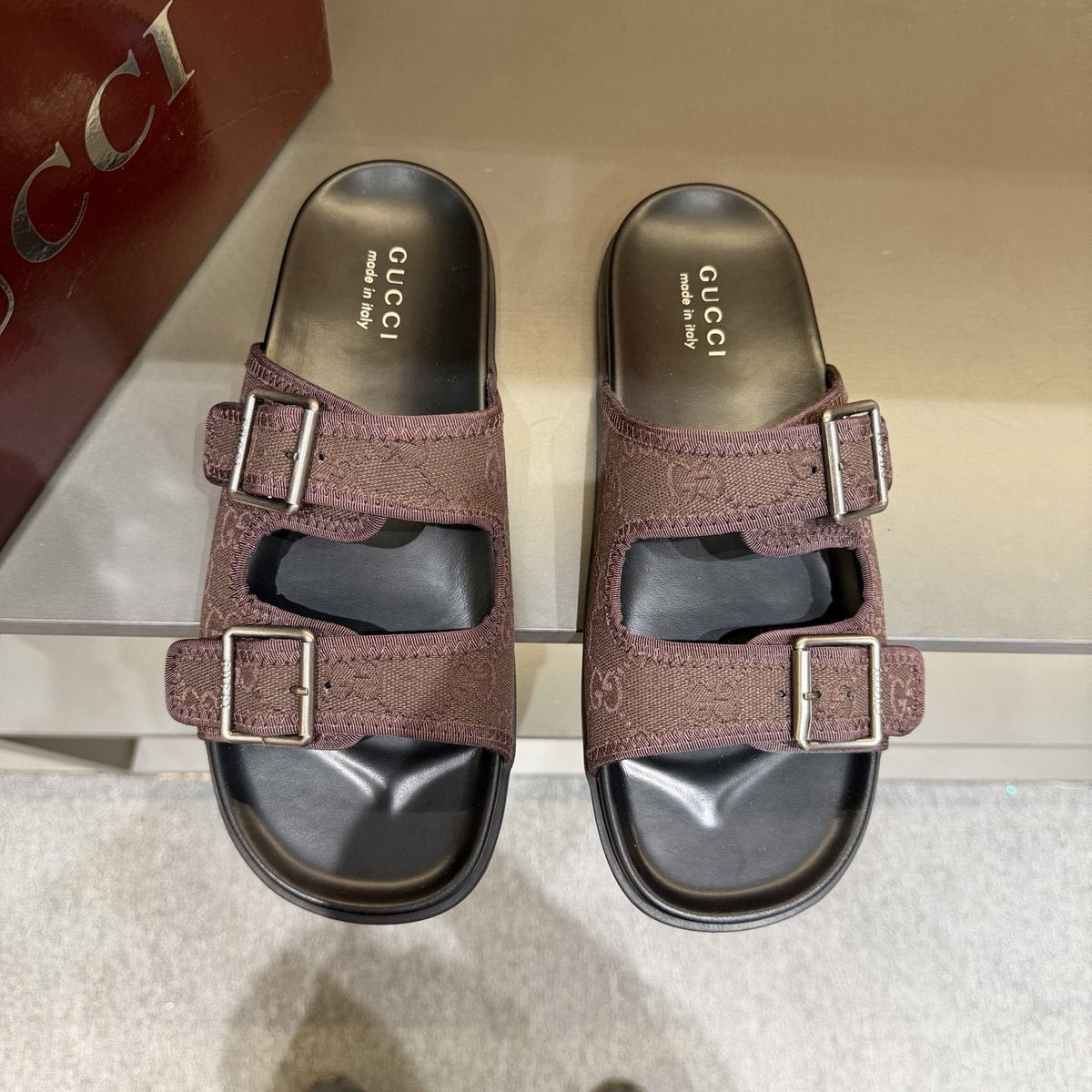 Gucci Double-Buckle Monogram Slide Sandals — hero
