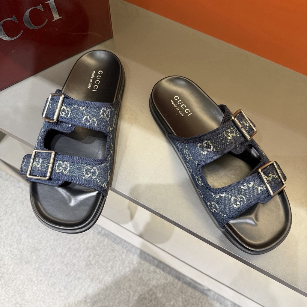 Gucci Double-Buckle Monogram Slide Sandals — front