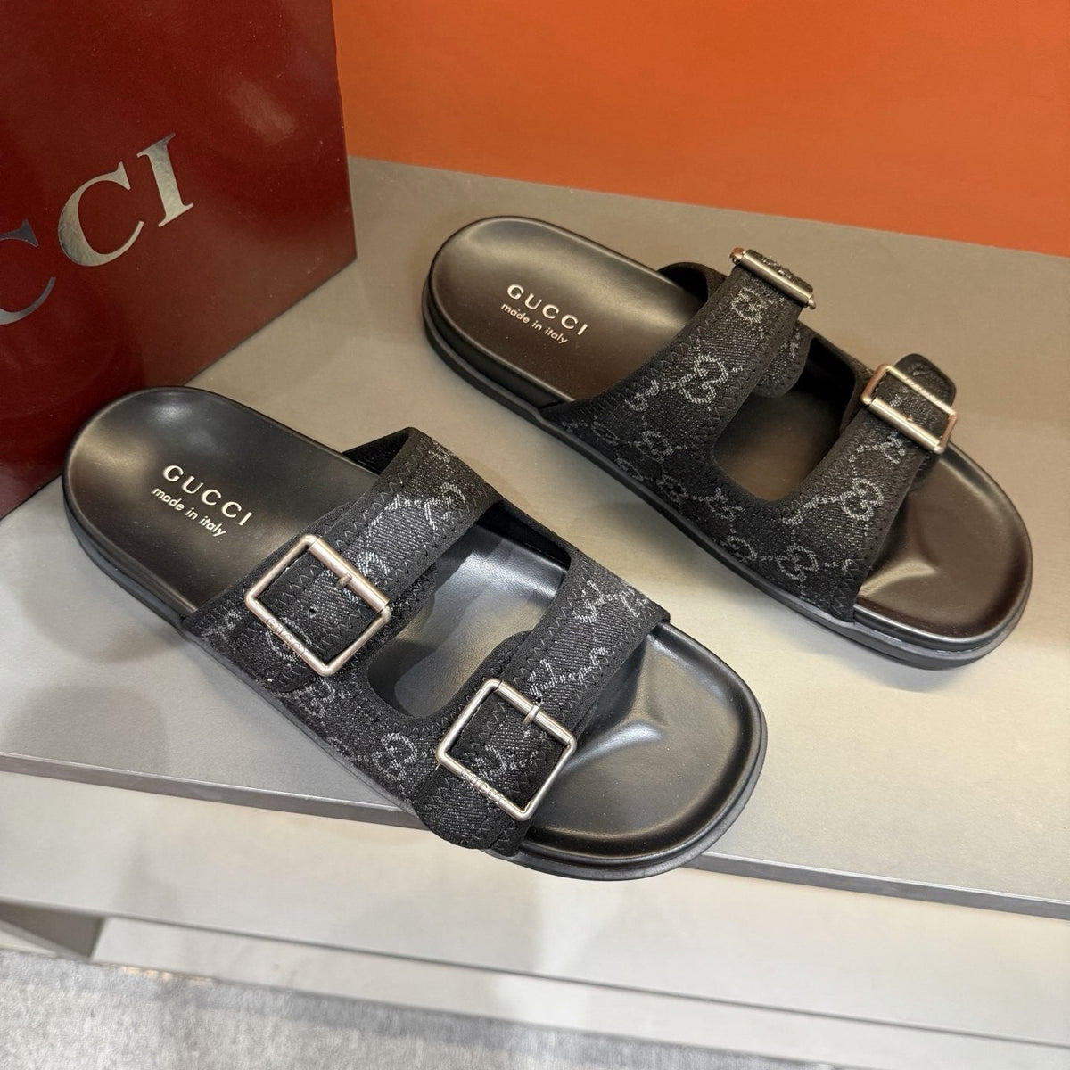 Gucci Double-Buckle Monogram Slide Sandals — front
