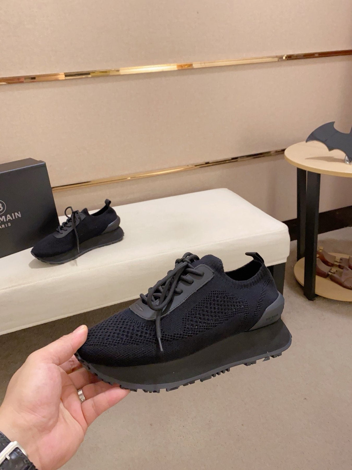 Balmain Blue Knit Low-Top Sneakers — side