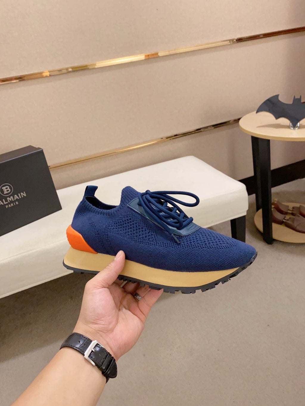 Balmain Blue Knit Low-Top Sneakers — front