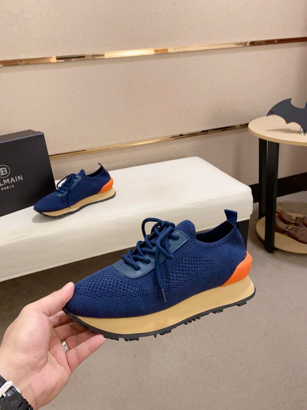 Balmain Blue Knit Low-Top Sneakers — side