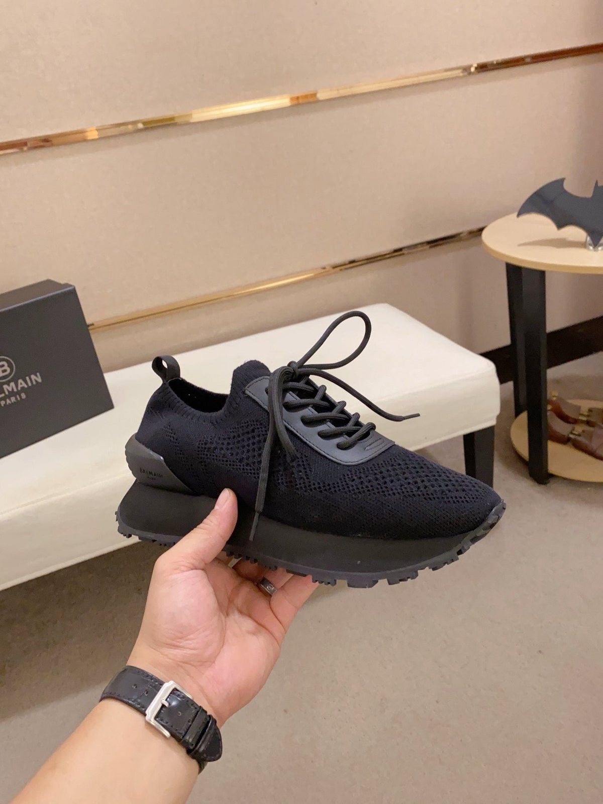 Balmain Blue Knit Low-Top Sneakers — side