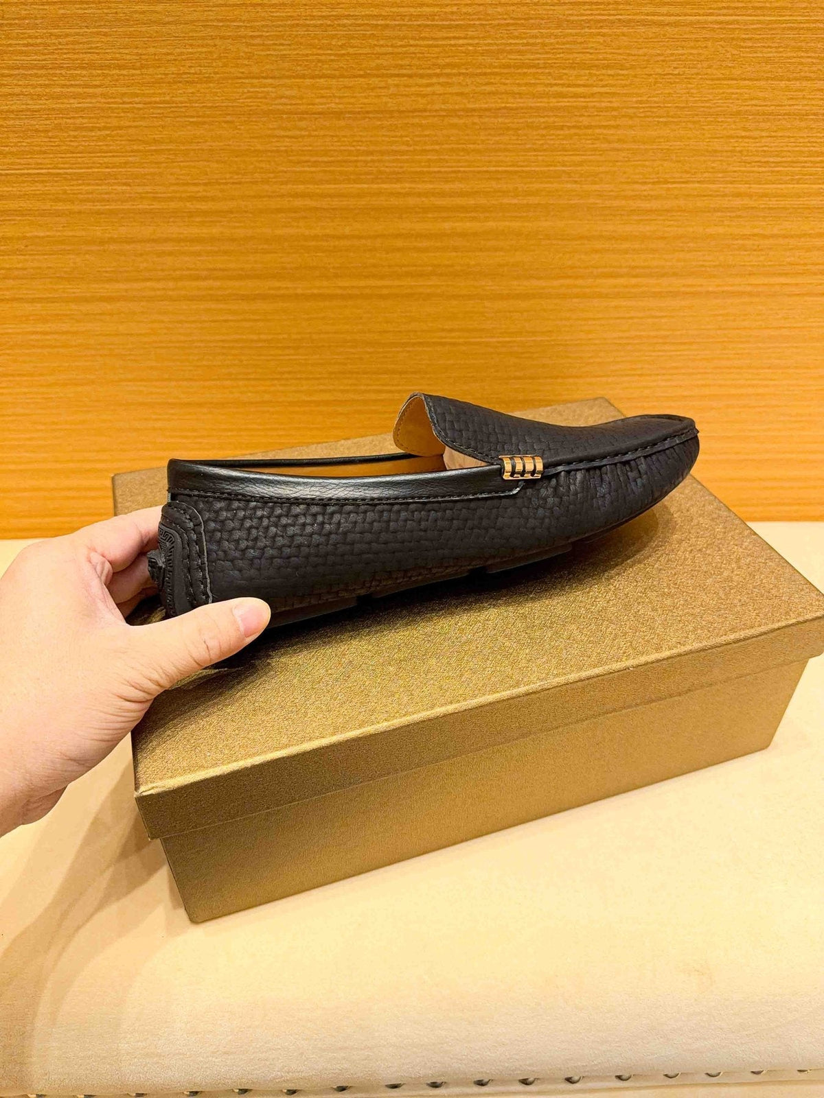 Versace Textured Leather Driving Loafers — side