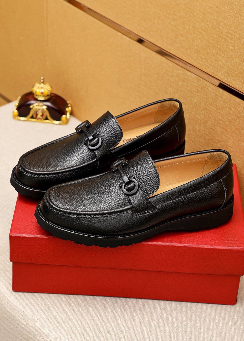 Ferragamo Pebble-Grain Buckle Slip-On Shoes — model