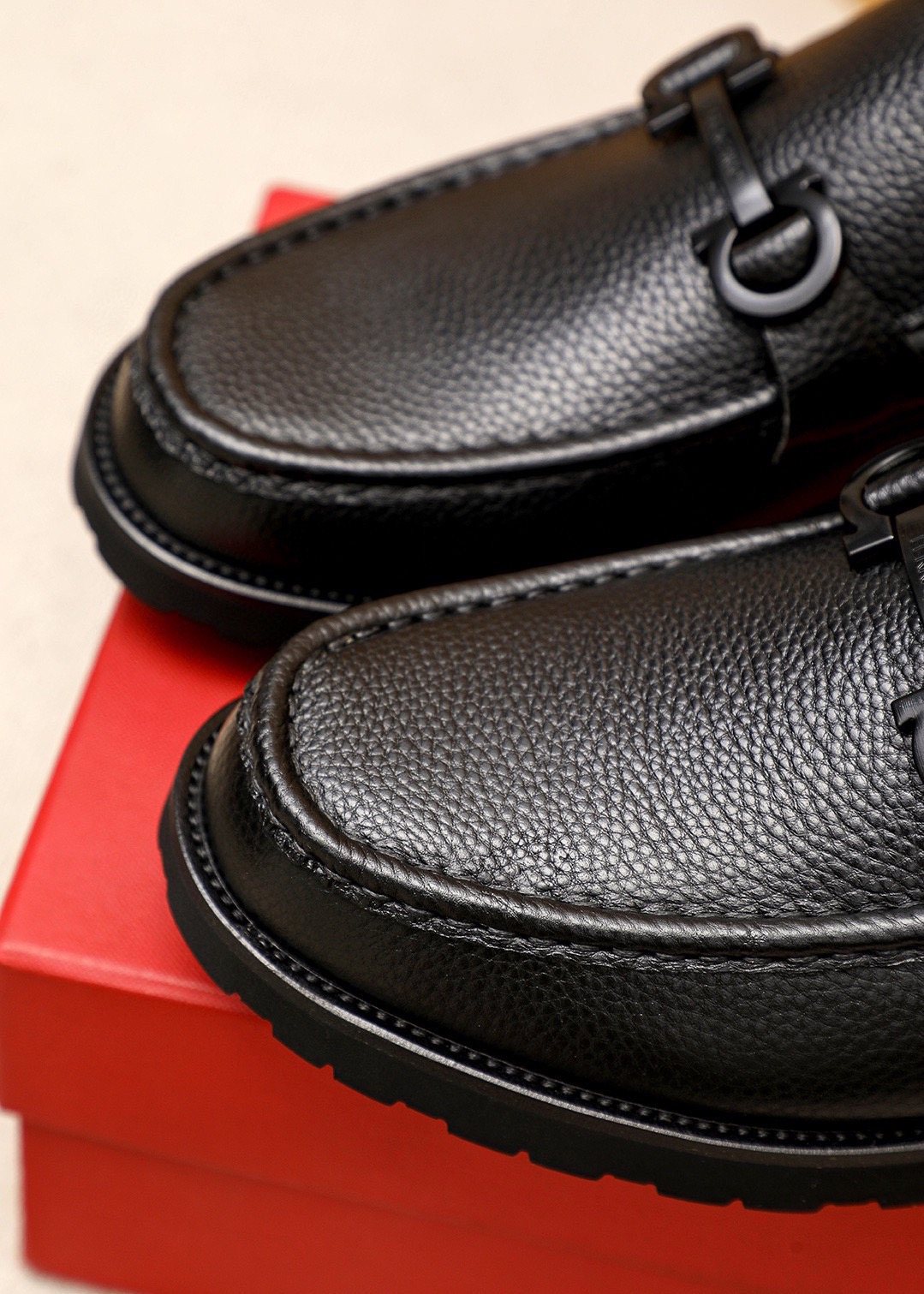 Ferragamo Pebble-Grain Buckle Slip-On Shoes — detail