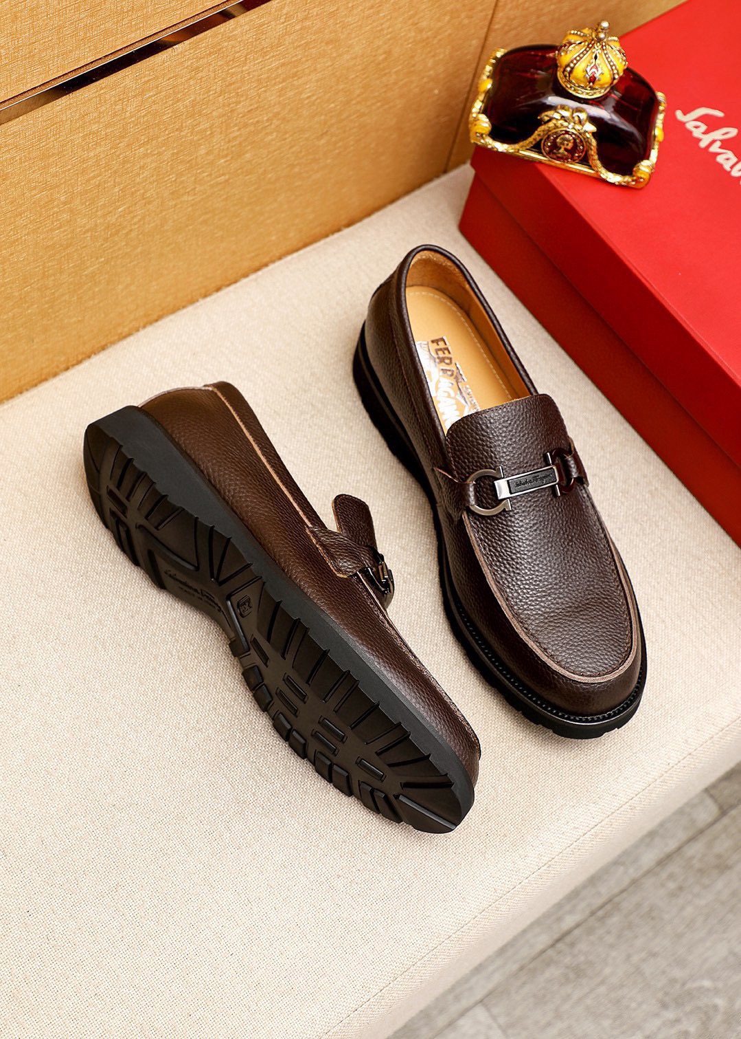 Ferragamo Pebble-Grain Buckle Slip-On Shoes — front