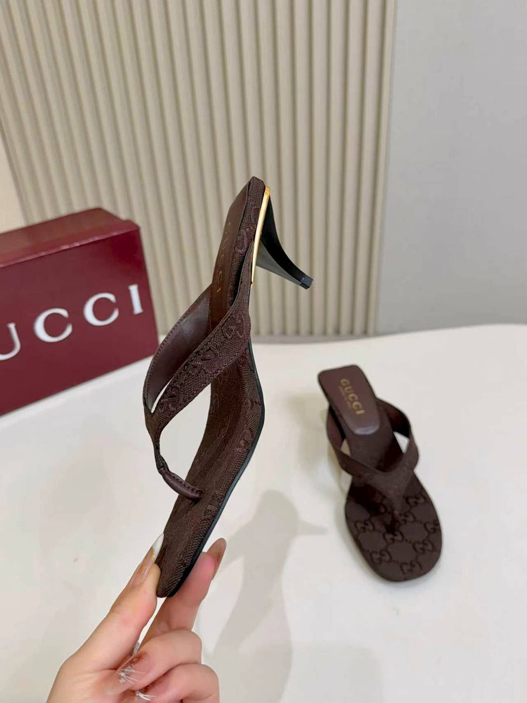 Gucci Monogram Thong Heel Sandals — side