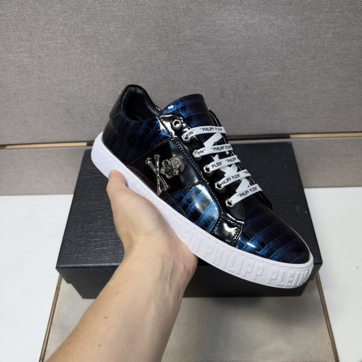 Philipp Plein Black and Gray Plaid Low-Top Sneakers — detail