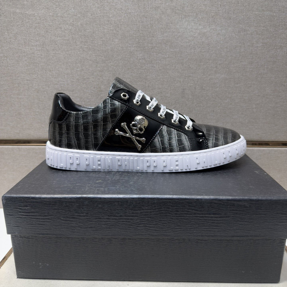 Philipp Plein Black and Gray Plaid Low-Top Sneakers — side