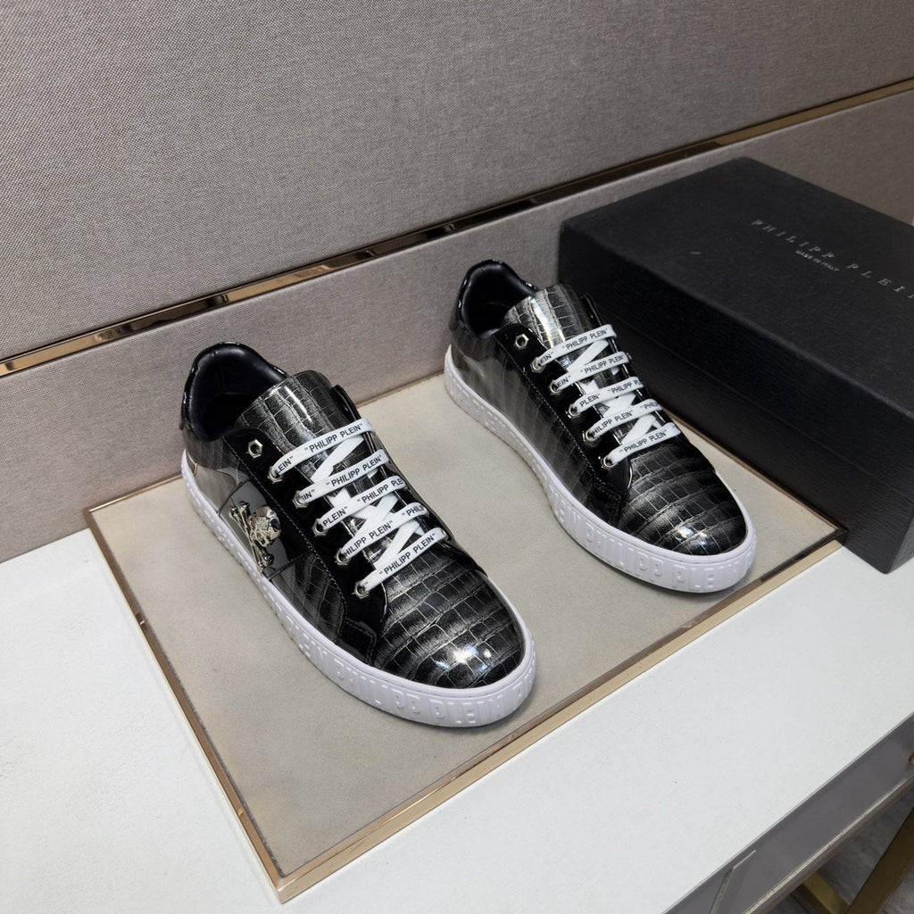 Philipp Plein Black and Gray Plaid Low-Top Sneakers — hero