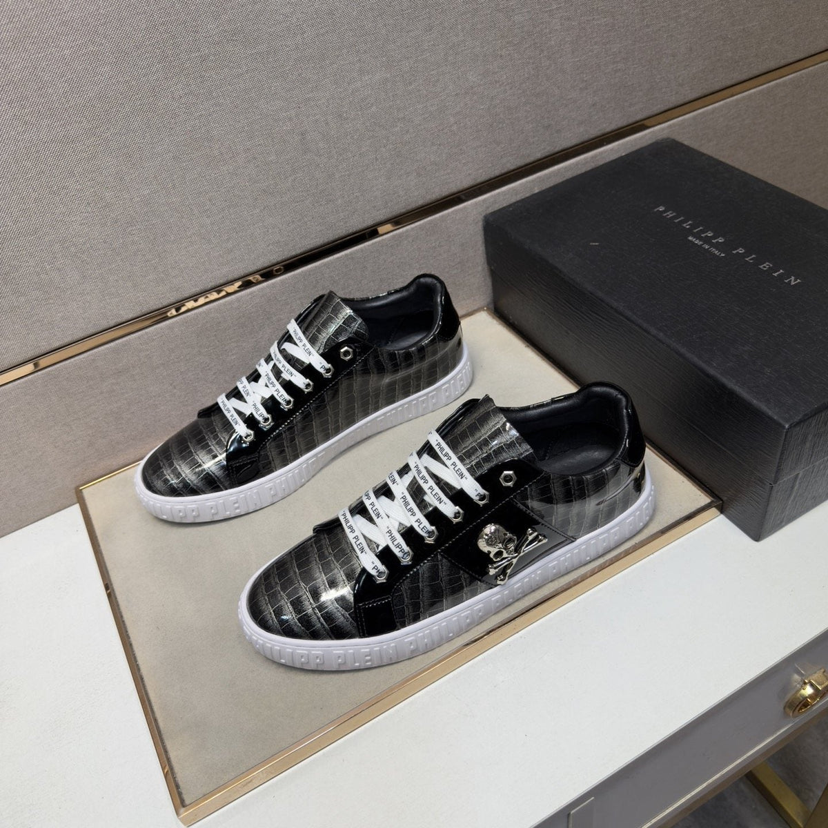 Philipp Plein Black and Gray Plaid Low-Top Sneakers — front