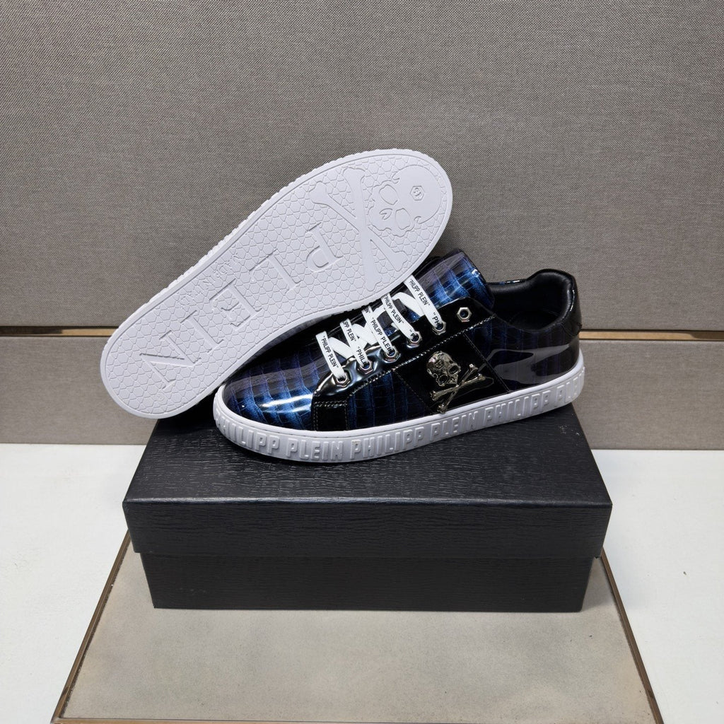 Philipp Plein Black and Gray Plaid Low-Top Sneakers — back