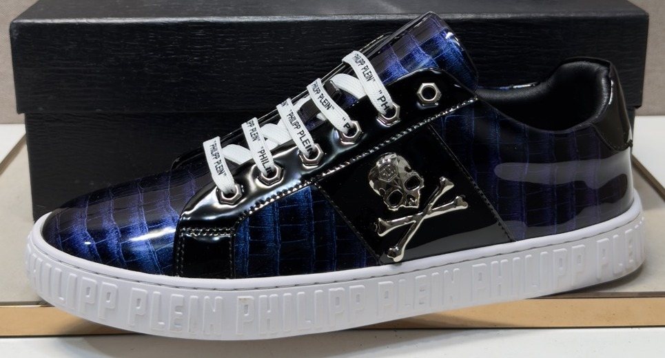 Philipp Plein Black and Gray Plaid Low-Top Sneakers — front