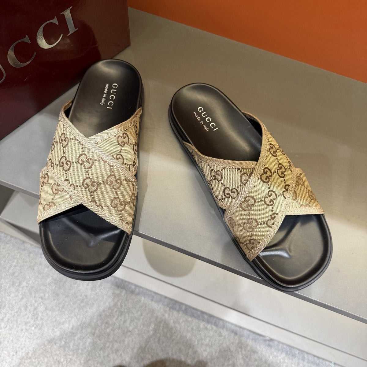 Gucci Patterned Cross-Strap Slide Sandals — front