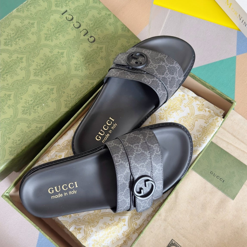 Gucci Gray Monogram Slide Sandals — front
