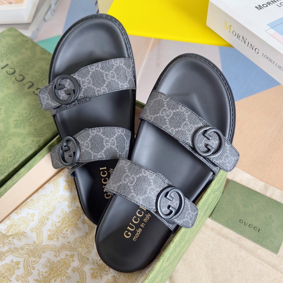 Gucci Gray Monogram Slide Sandals — front