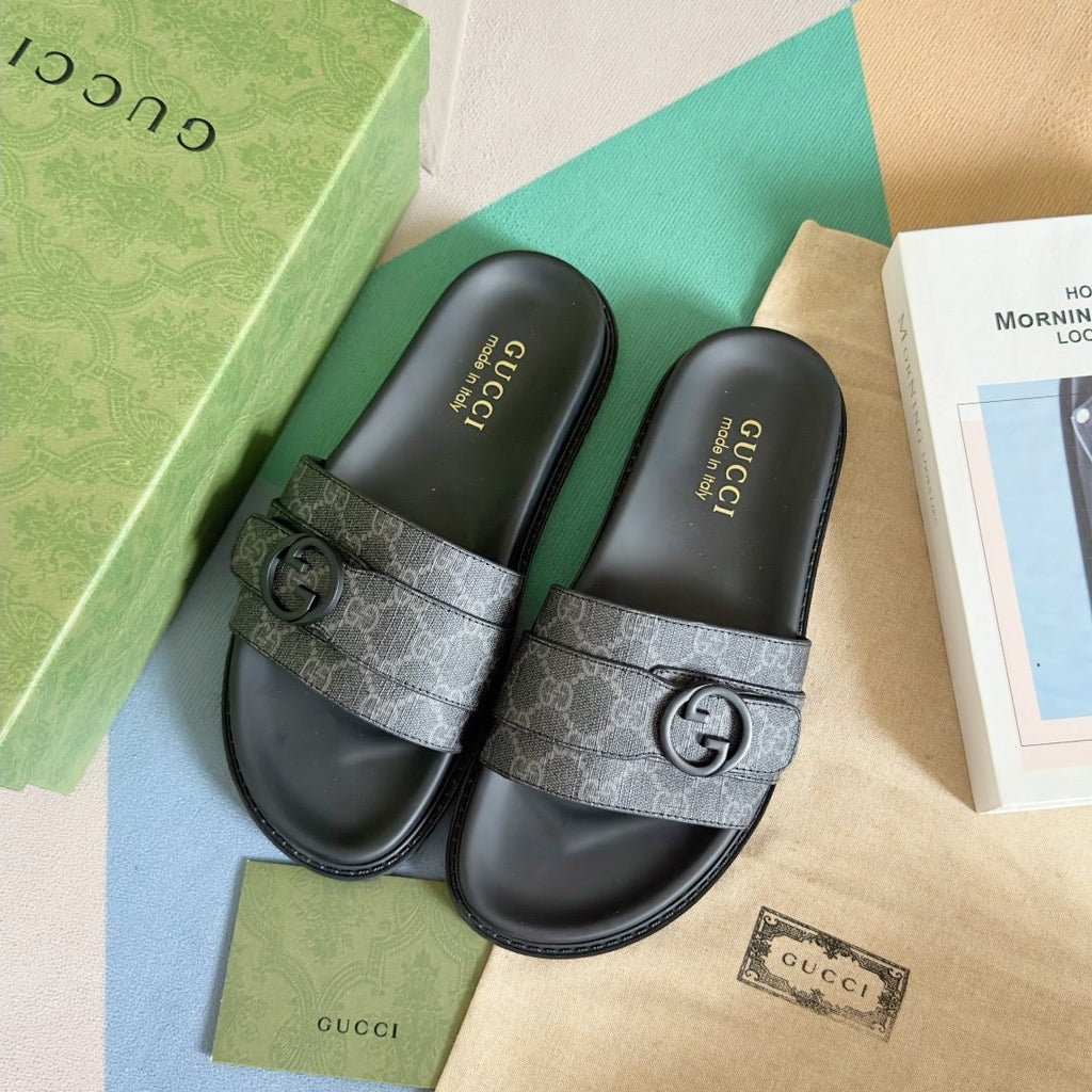 Gucci Gray Monogram Slide Sandals — front